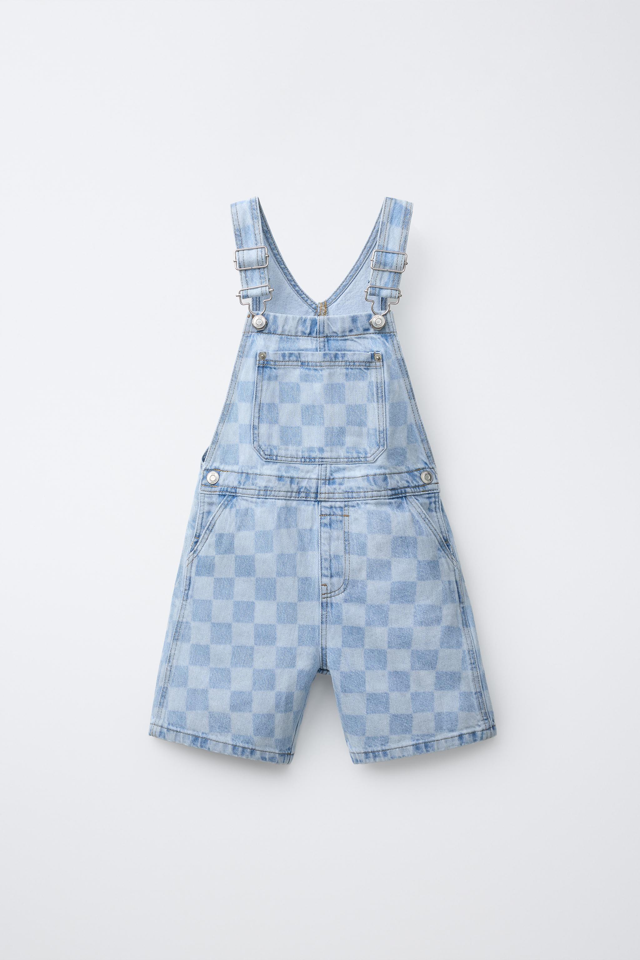 CHECKERBOARD DENIM OVERALL SHORTS